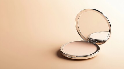 Compact face powder featuring an open mirror, elegantly floating against a soft beige background, exuding luxury and sophistication in beauty product presentation