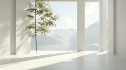 A serene interior space with a tree and mountains visible through large windows.