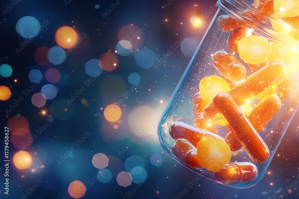 Poster dynamic transformation of dna strands into fruity patterns in a glass jar abstract concept colorful 