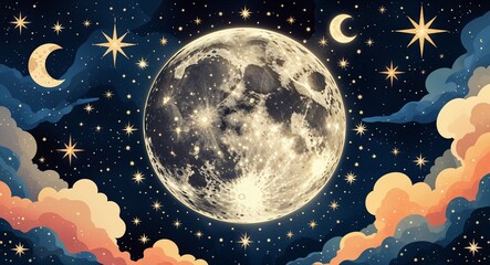 Celestial moon and star patterns background or illustration in mystical tones