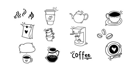 Coffee doddle for background,Hand drawn coffee scribbles,Morning beverage illustration set,Coffee design element pack.  