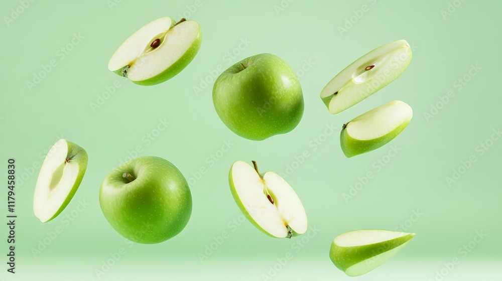 Aufkleber Ripe green apples and several slices are levitating on a pastel green background, creating a visually appealing display of freshness and health
