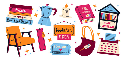Set of bookshop elements. Cozy attributes of book store: chair, coffee, books, typewriter, candle and other. Vector library stickers isolated on a white background.