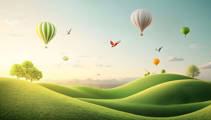 Hot Air Balloons Soar Over Rolling Green Hills