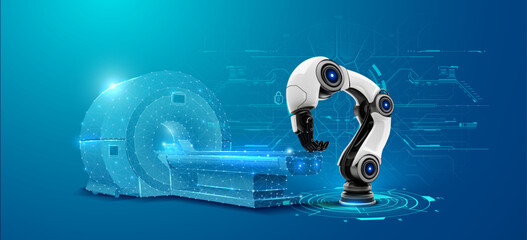 Futuristic medical scene: a polygonal MRI machine and robotic arm illustrate AI-powered healthcare innovation. Ideal for advanced diagnostics, automation, and high-tech solutions. Vector illustration