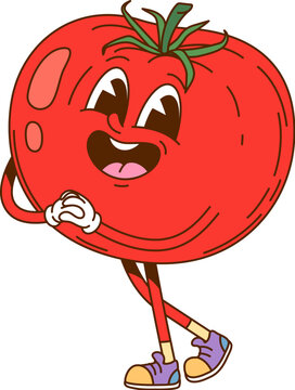 Naklejki Cartoon ripe tomato vegetable groovy character. Agriculture whole vegetable vintage cute mascot, farming market fresh tomato funky isolated vector character or ripe veggie groovy happy personage