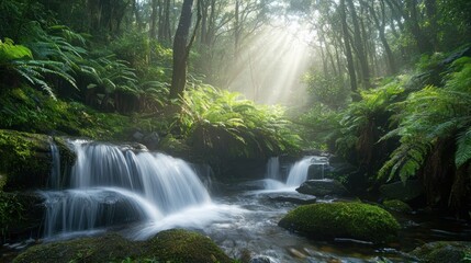 Obraz premium Enchanted Forest Stream: Sunbeams Dance on Mossy Waterfall