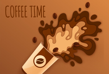 Paper cut coffee drink splash and beans. Papercut banner with realistic 3d vector disposable carton mug with a dynamic liquid beige and brown splatters, energetic refreshing hot drink spill, explosion