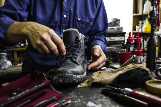 Shoemaker examining a boot and piece of material in workshop
