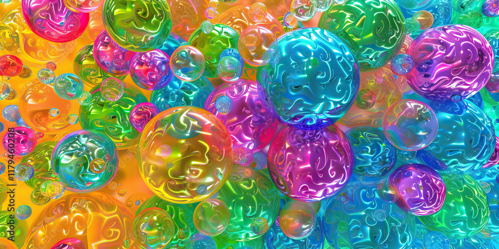 Poster image of multiple iridescent spheres in various colors and sizes