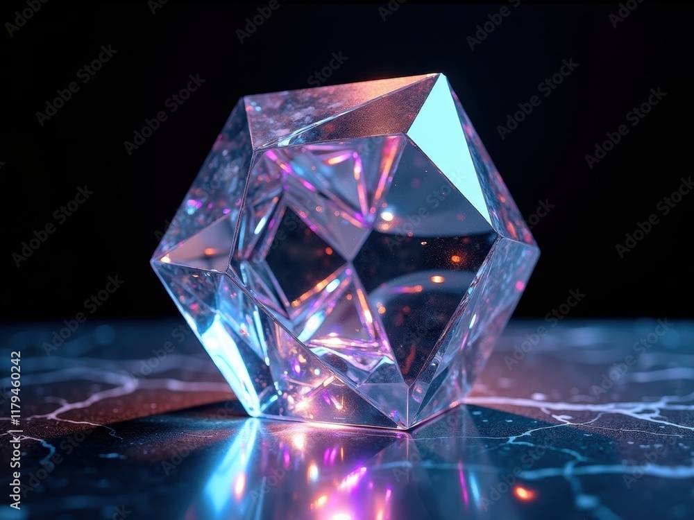 Poster intricate crystal geometric design illuminated by colorful lights, creating stunning reflections on 