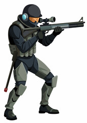 Stealthy man with sniper rifle in aiming position, vector illustration, isolated character for gaming