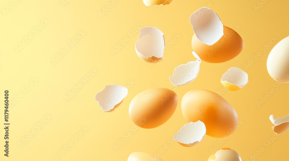 Poster Whole brown and white chicken eggs and broken eggshells are levitating on a yellow background, creating a visually interesting and unusual scene