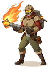 Fototapeta premium Flames shooting from a giant flamethrower held by a male soldier in protective gear. Isolated vector character for gaming