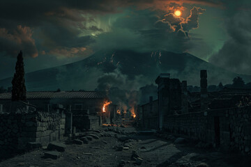 Generative AI illustration of man in town ruined by fire