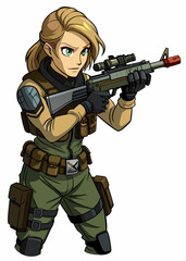 Fototapeta premium Serious female soldier aiming assault rifle with tactical gear. Vector illustration of isolated professional woman military officer in uniform.
