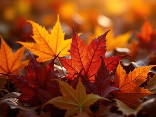 Fototapeta premium Vibrant autumn leaves in rich colors cover the ground during a serene fall afternoon in the park showcasing nature's beauty