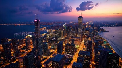 Obraz premium Chicago Cityscape at Dusk: A Stunning Aerial View of the Magnificent Mile and Lake Michigan