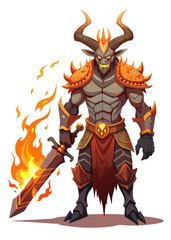 Fototapeta premium Demon warrior with a massive flaming sword, dark armor, horns, and intense expression. Powerful character, gaming vector illustration.
