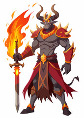 Fototapeta premium Demon warrior with a massive flaming sword, dark armor, horns, and intense expression. Powerful character, gaming vector illustration.