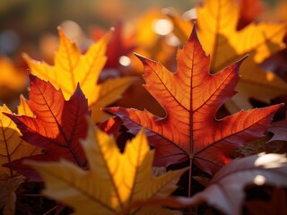 Vibrant autumn leaves in varying shades of red and orange resting on the forest floor during a sunny afternoon