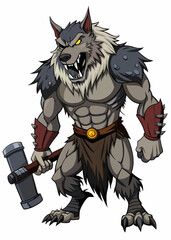 Fototapeta premium Werewolf with giant steel hammer, cracked hammer head, fur-covered limbs, isolated gaming character vector illustration