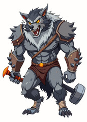 Werewolf with giant steel hammer, cracked hammer head, fur-covered limbs, isolated gaming character vector illustration