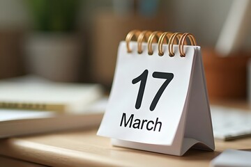A calendar page flipping to March 17, set in a cozy desk scene.