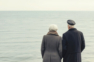 an elderly couple stands by the ocean, wathing the horizon with seagulls flying above, capturing a moment of serene companionship