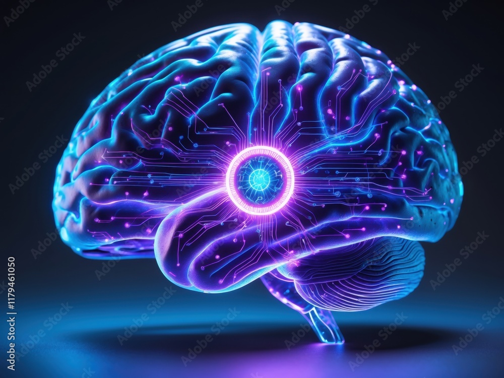Poster digital representation of a brain with neon circuitry on a dark background showcasing the fusion of 