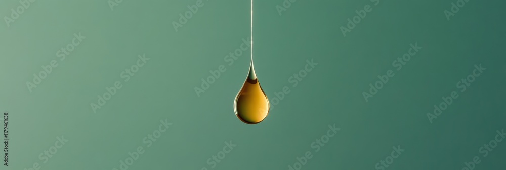 Poster single, shimmering golden drop suspended, catching and reflecting light against a smooth, green back