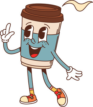 Cartoon groovy fast food coffee cup character. Street cafe hot coffee disposable cup with lid happy character. Takeout latte, cappuccino or espresso beverage groovy isolated vector cute personage