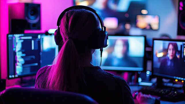 A content creator live-streaming from a bright, well-lit room with high-quality equipment, interacting with followers on multiple screens