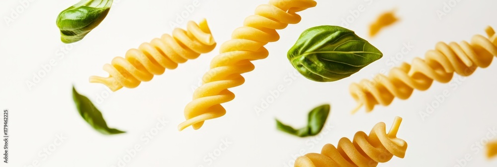 Poster several pieces of fusilli pasta and fresh basil leaves are levitating against a clean white backgrou