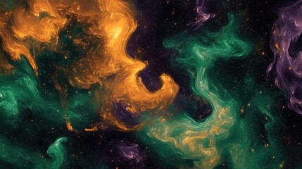 Fototapeta premium A cosmic-themed background with swirling green, orange, and purple nebula-like patterns, evoking a sense of mystery and the vastness of space