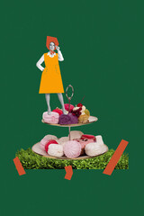 Vertical art banner poster collage of serious girl wear headscarf stand dessert dish restaurant order menu sweet cake pastry macaron