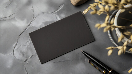 Black card with pen on matte gray background, mockup