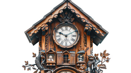 Traditional wooden cuckoo clock with intricate carvings and a pendulum displayed on a white wall in a cozy setting on transparent background