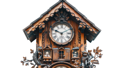Traditional wooden cuckoo clock with intricate carvings and a pendulum displayed on a white wall in a cozy setting on transparent background