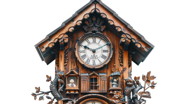 Traditional wooden cuckoo clock with intricate carvings and a pendulum displayed on a white wall in a cozy setting on transparent background