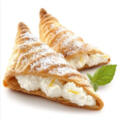 Delicious Cream-Filled Pastries with Powdered Sugar and Mint Leaves on a Bright Background