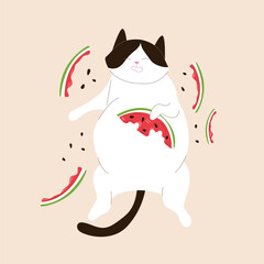 Tuxedo cat eat watermelon and is lying on his back surrounded by watermelon rinds and seeds in flat style. Summer design for postcard, banner and cloth.
