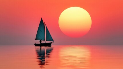 Sailor adjusting sails on a small boat, charting a course against the setting sun, focus, goalsetting, direction