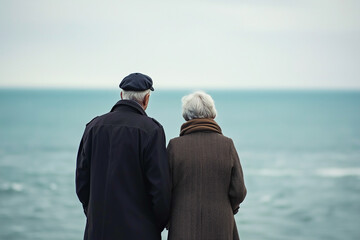 an elderly couple stands by the ocean, wathing the horizon with seagulls flying above, capturing a moment of serene companionship