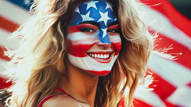Smiling woman with face painted with paint in colors of the flag of the United States of America. President's Day. USA Day. Independence Day of America. Patriotic memorial American composition red sty