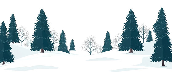 Obraz premium Set of snow-covered evergreen conifer trees on a white winter landscape. Watercolor painting effect. Isolated elements for holiday themes, nature and seasonal exterior designs. Generative ai