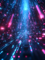 Fototapeta premium A futuristic digital grid with pulsating neon blue and purple nodes.