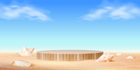 Wooden showcase podium on beach sand with shells and sky background, vector product display. Podium of wooden planks in sea or ocean beach style with seashells on wavy sand for showcase platform stage
