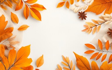 Obraz premium Autumnal Frame Orange Leaves Spices Beige Fabric on White Background