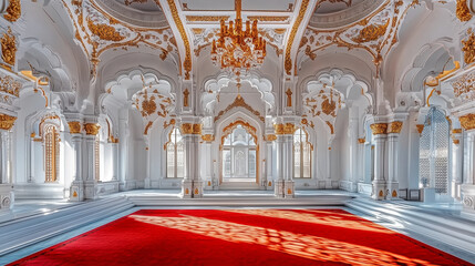 Obraz premium Sunlit Marble Hall with Golden Accents, Intricate Arches, and Red Carpet. Luxurious Architectural Photography.